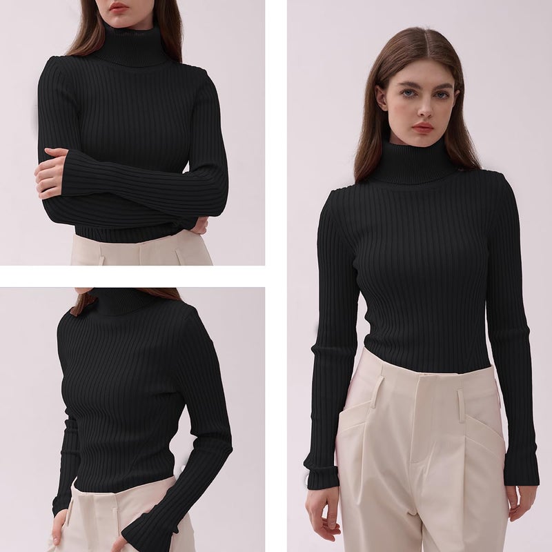 v28 Women Stretchable Turtleneck Knit Long Sleeve Slim Fit Sweater (XS,Black) - Image 5